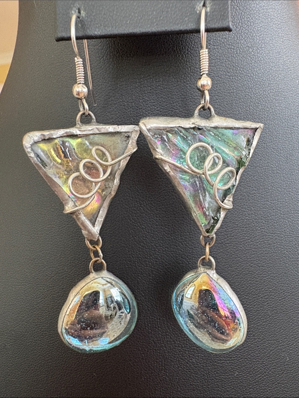 Artisan Handmade Dichroic Glass Iridescent Stained Glass Dangle Earrings OOAK - Picture 5 of 9